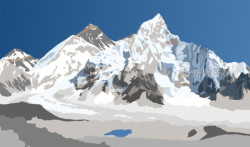 从尼泊尔一侧的Kala Patthar峰看到的珠穆朗玛峰和Nuptse峰，矢量图